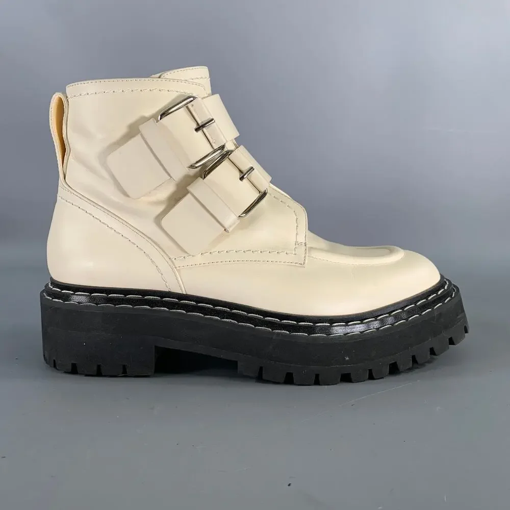 PROENZA SCHOULER Size 9 Cream Black Leather Calf Buckle Boots - Picture 2 of 10